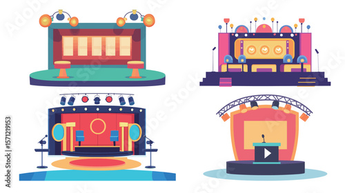 Vector graphic design of a quiz game show stage featuring bright lights, podiums, digital screens, and dynamic elements, representing competitive entertainment, knowledge contests, TV broadcasting,