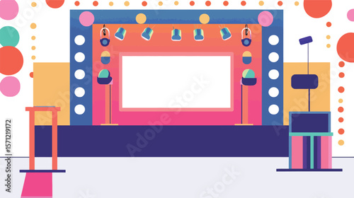 Vector graphic design of a quiz game show stage featuring bright lights, podiums, digital screens, and dynamic elements, representing competitive entertainment, knowledge contests, TV broadcasting,