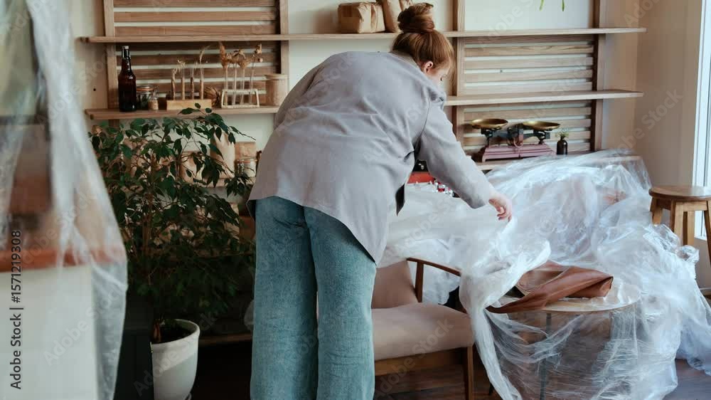 The female owner removes the plastic wrap from the chair and sits down while holding her phone and laptop