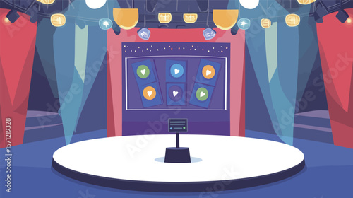 Vector graphic design of a quiz game show stage featuring bright lights, podiums, digital screens, and dynamic elements, representing competitive entertainment, knowledge contests, TV broadcasting,