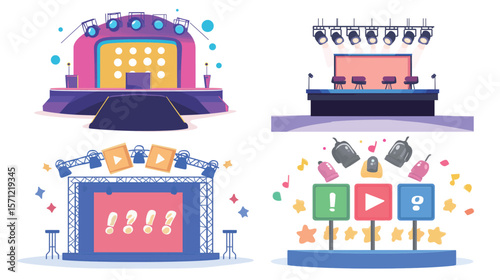 Vector graphic design of a quiz game show stage featuring bright lights, podiums, digital screens, and dynamic elements, representing competitive entertainment, knowledge contests, TV broadcasting,