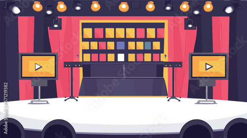 Vector graphic design of a quiz game show stage featuring bright lights, podiums, digital screens, and dynamic elements, representing competitive entertainment, knowledge contests, TV broadcasting,