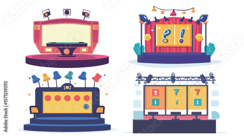 Vector graphic design of a quiz game show stage featuring bright lights, podiums, digital screens, and dynamic elements, representing competitive entertainment, knowledge contests, TV broadcasting,