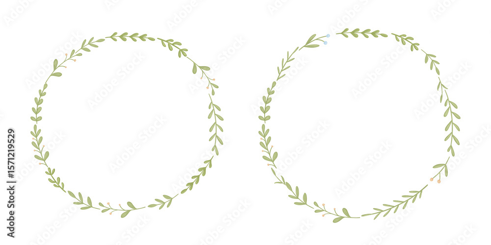 Fototapeta premium Watercolor green cute round frame, floral wreath isolated on white background, hand drawn decor, set