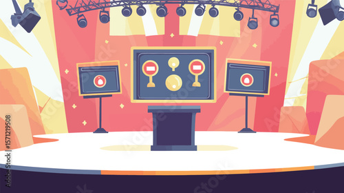 Vector graphic design of a quiz game show stage featuring bright lights, podiums, digital screens, and dynamic elements, representing competitive entertainment, knowledge contests, TV broadcasting,