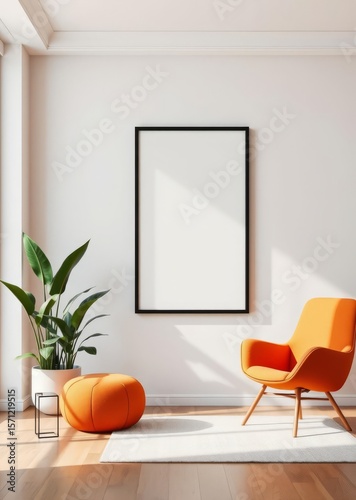 Wallpaper Mural Mockup of a 4x5 black vertical frame in a modern scandinavian style living room interior with orange armchair and green plants artwork poster art print wall art mockup Empty room interior design Torontodigital.ca