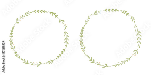 Watercolor green cute round frame, floral wreath isolated on white background, hand drawn decor, set
