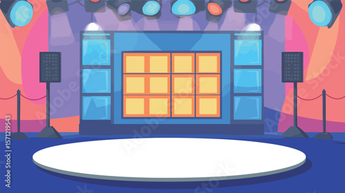 Vector graphic design of a quiz game show stage featuring bright lights, podiums, digital screens, and dynamic elements, representing competitive entertainment, knowledge contests, TV broadcasting,