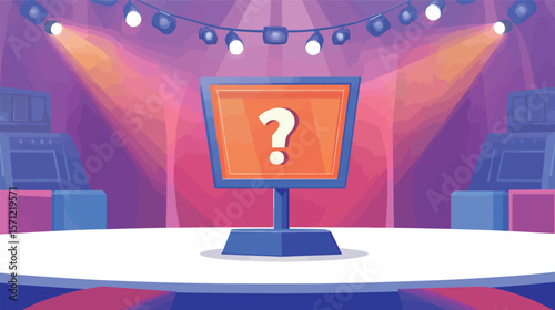 Vector graphic design of a quiz game show stage featuring bright lights, podiums, digital screens, and dynamic elements, representing competitive entertainment, knowledge contests, TV broadcasting,