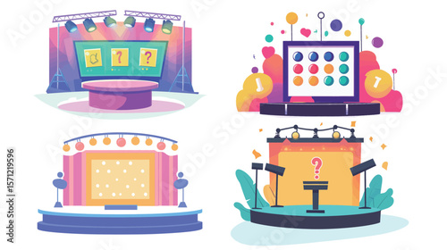 Vector graphic design of a quiz game show stage featuring bright lights, podiums, digital screens, and dynamic elements, representing competitive entertainment, knowledge contests, TV broadcasting,