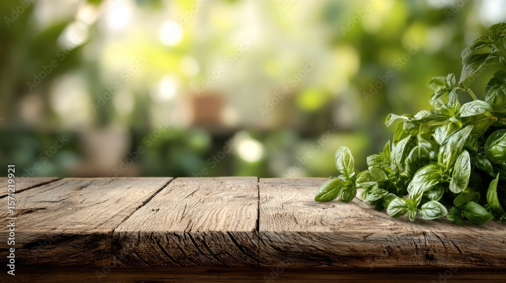 Obraz premium Rustic wooden table with fresh herbs, garden background