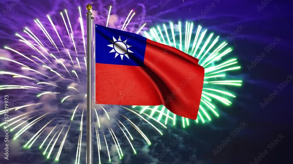 National flag independence state Taiwan, background fireworks. AI Generative