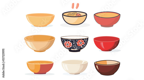 High color grade vector illustration of a ramen bowl with rich toppings including noodles, egg, seaweed, pork slices, and broth, showcasing traditional Japanese cuisine in a vibrant, appetizing, 