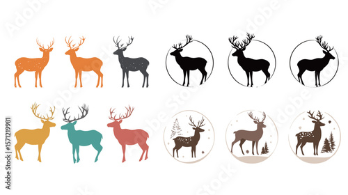 Silhouette of reindeer in circular formation, featuring minimalist black outlines of multiple reindeer arranged in a round pattern, ideal for holiday themes, winter wildlife, festive decorations, 