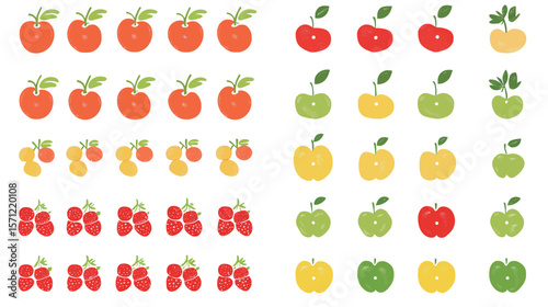 Seamless repeatable fruit grid pattern vector covering the entire canvas, featuring colorful assorted fruits like apples, oranges, bananas, and berries in a clean, vibrant arrangement, ideal for food 