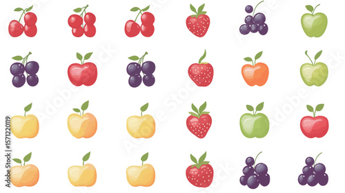 Seamless repeatable fruit grid pattern vector covering the entire canvas, featuring colorful assorted fruits like apples, oranges, bananas, and berries in a clean, vibrant arrangement, ideal for food 