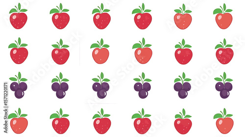 Seamless repeatable fruit grid pattern vector covering the entire canvas, featuring colorful assorted fruits like apples, oranges, bananas, and berries in a clean, vibrant arrangement, ideal for food 