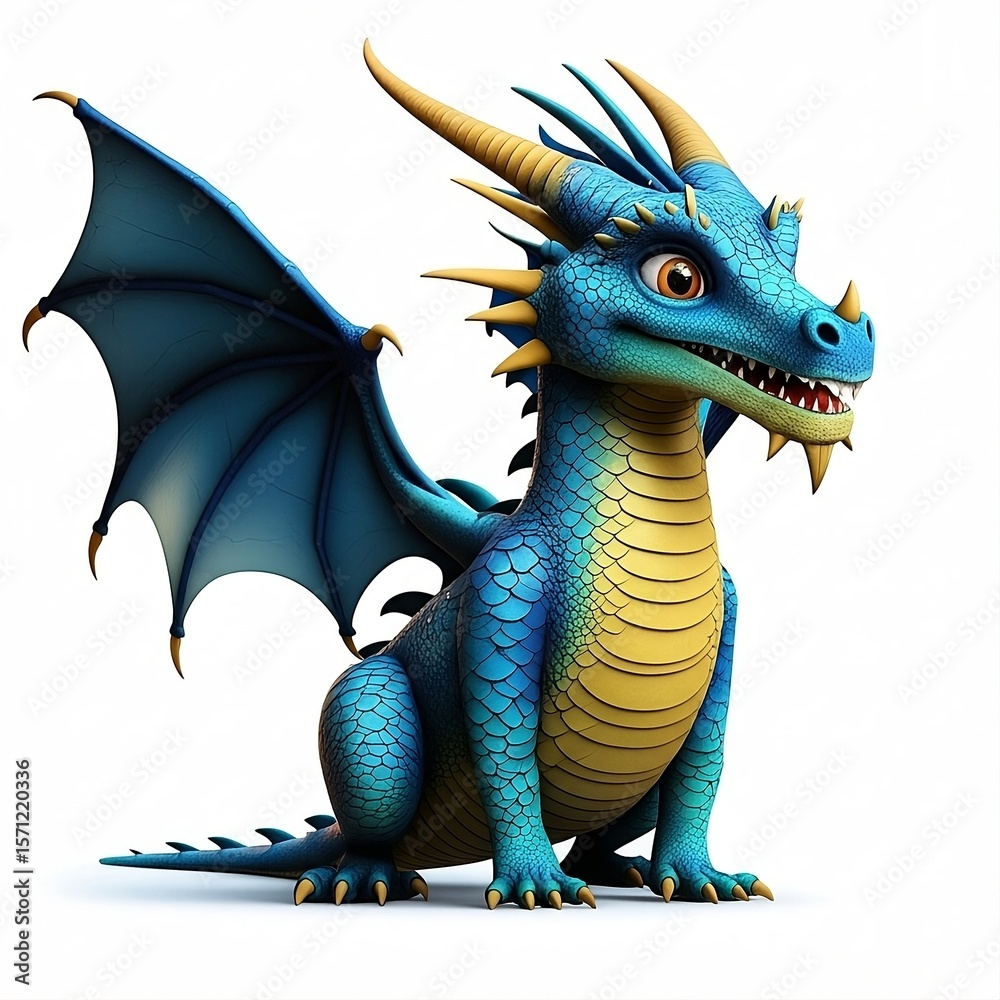 Fototapeta premium Cute Blue Cartoon Dragon with Golden Belly on White Background – 3D Illustration