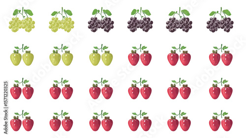 Seamless repeatable fruit grid pattern vector covering the entire canvas, featuring colorful assorted fruits like apples, oranges, bananas, and berries in a clean, vibrant arrangement, ideal for food 