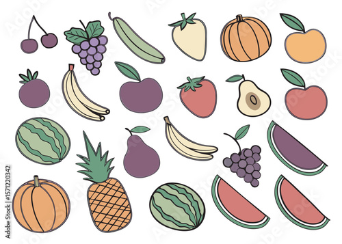 A large collection of a  various fruits and vegetables, displayed in a grid format against a plain white background.  