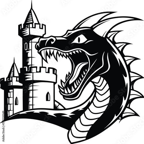 Fierce dragon head roaring near a medieval castle silhouette