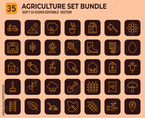 Comprehensive agriculture icon set bundle representing farming and cultivation practices for modern graphic design
