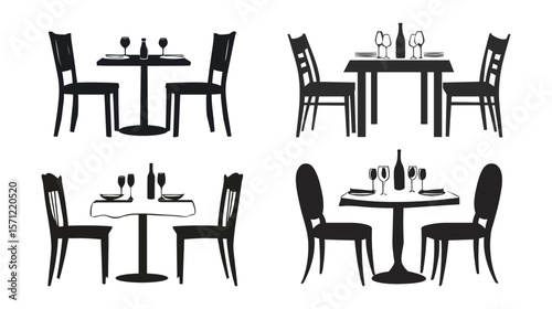 Silhouette vector illustration of a restaurant dining table set, featuring chairs and a table in a clean black outline style, ideal for hospitality themes, dining icons, cafe branding, food service 