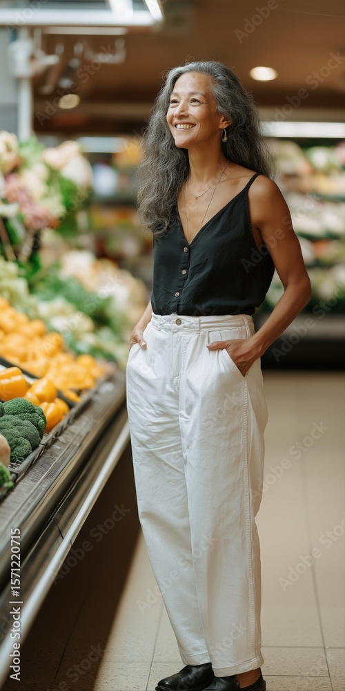 Obraz premium Asian mature female shopping at grocery store with fresh produce display
