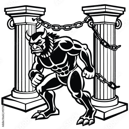 Muscular minotaur with horns and chain between ancient columns silhouette