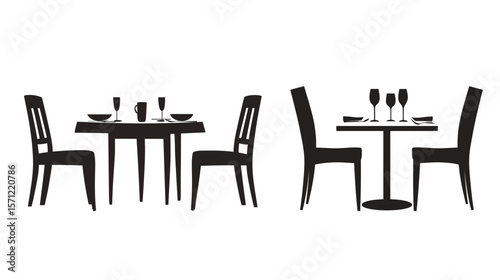 Silhouette vector illustration of a restaurant dining table set, featuring chairs and a table in a clean black outline style, ideal for hospitality themes, dining icons, cafe branding, food service 
