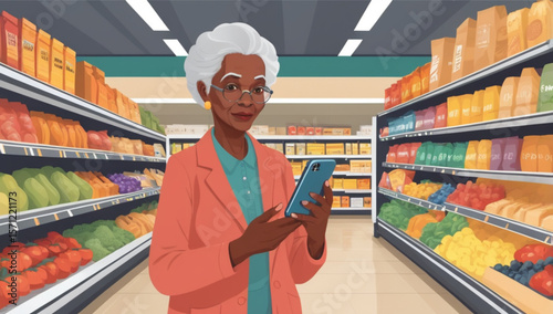 Afro american elder woman looking at the smartphone in supermarket.