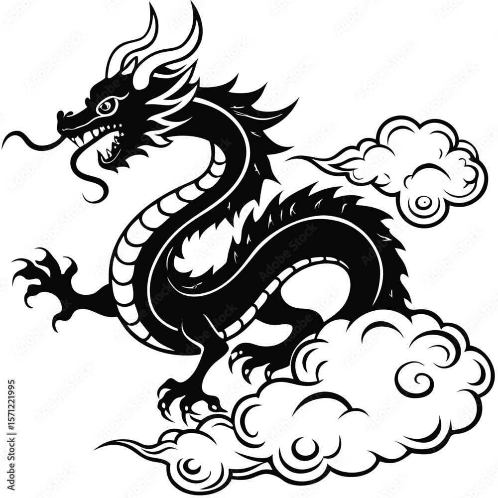 Traditional Chinese dragon emerging from stylized clouds silhouette Traditional Chinese dragon emerging from stylized clouds silhouette