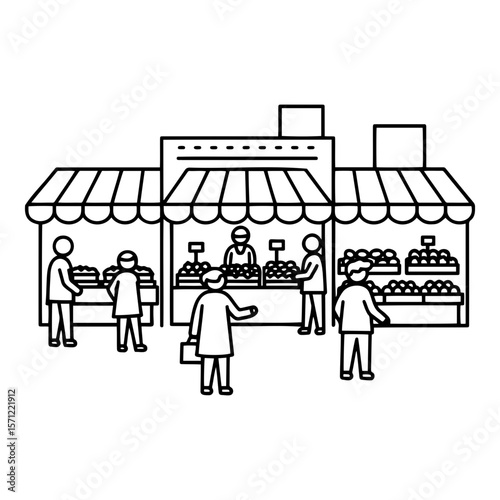 Urban market scene illustration featuring shoppers and vendors in a vibrant environment