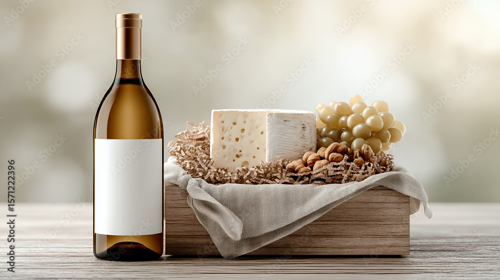 Naklejka premium Bottle of white wine with a cheese and fruit gift box on a wooden table