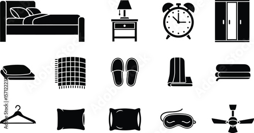 A collection of bedroom icons depicts essential furniture and accessories for a comfortable and restful nights sleep