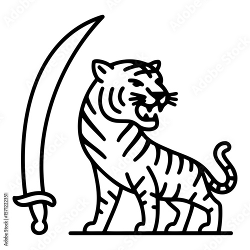 Tiger and saber illustration in linear style depicting strength and ferocity
