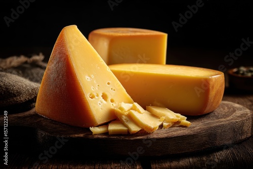 Close up of Dutch cow s milk cheese aged and hard in pieces and slices
