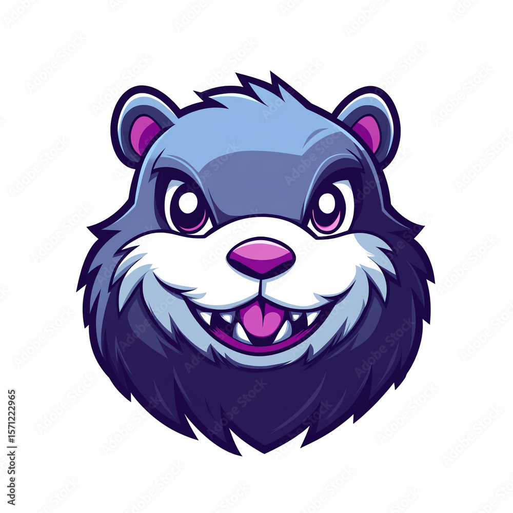 Obraz premium Adorable Cartoon Beaver Head Mascot Design: Purple, Blue, and White Fur, Big Eyes, Friendly Grin - Perfect for Logos, Gaming, and Children's Products!