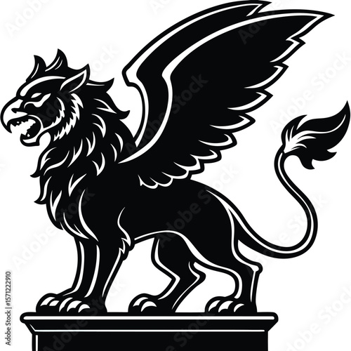 Fierce griffin mythological creature standing proudly with wings spread silhouette