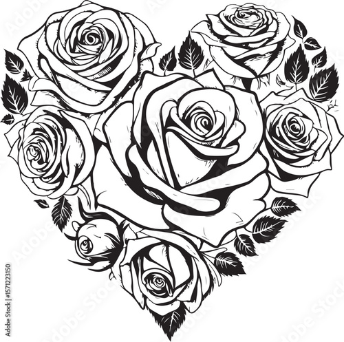 Heart of roses Vector Illustration, Sketch Drawing Line Linear Symbol Icon Engraving Coloring Book, Hand-drawn Black and White Isolated