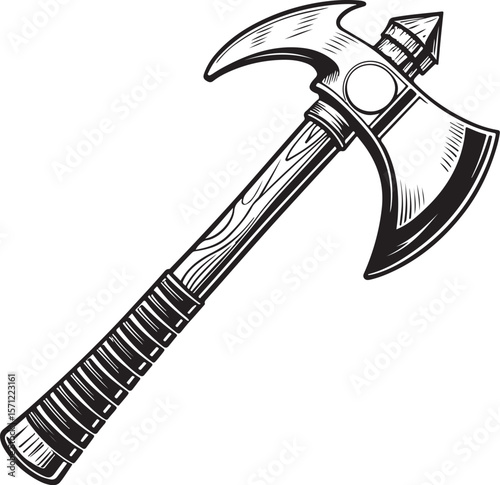 Firefighter axe Vector Illustration, Sketch Drawing Line Linear Symbol Icon Engraving Coloring Book, Hand-drawn Black and White Isolated
