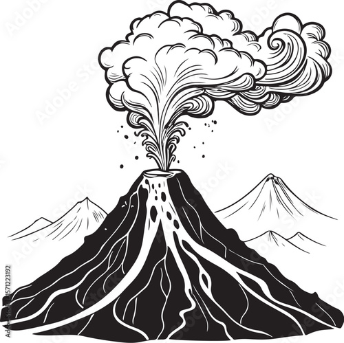 Volcano activity with magma Vector Illustration, Sketch Drawing Line Linear Symbol Icon Engraving Coloring Book, Hand-drawn Black and White Isolated