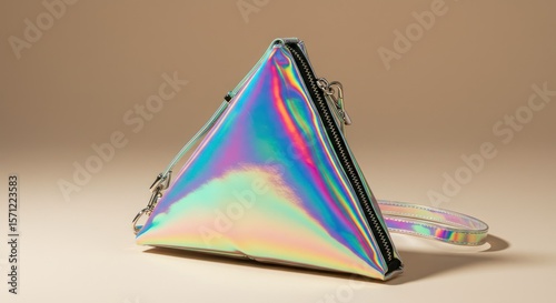 A triangular holographic purse on a beige backdrop