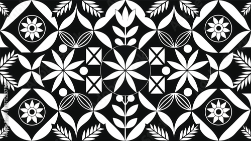 Black and white floral geometric pattern with leaf motifs vector