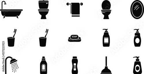 A collection of essential bathroom fixtures and hygiene items are displayed in a simple, clean, and modern silhouette style