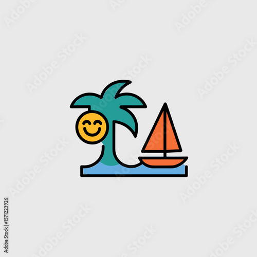 Cartoon tropical island with a smiling sun face and an orange sailboat