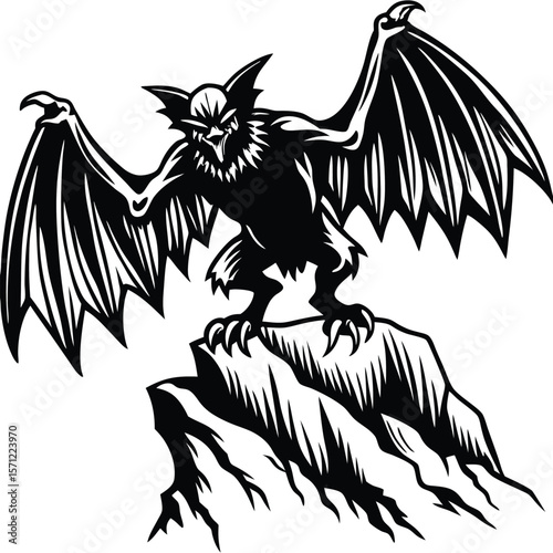 Fierce gargoyle creature with wings perched on jagged rocks silhouette