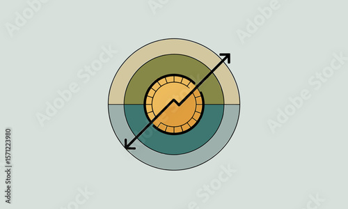 Circular target with a central coin and a fluctuating arrow indicating market trends