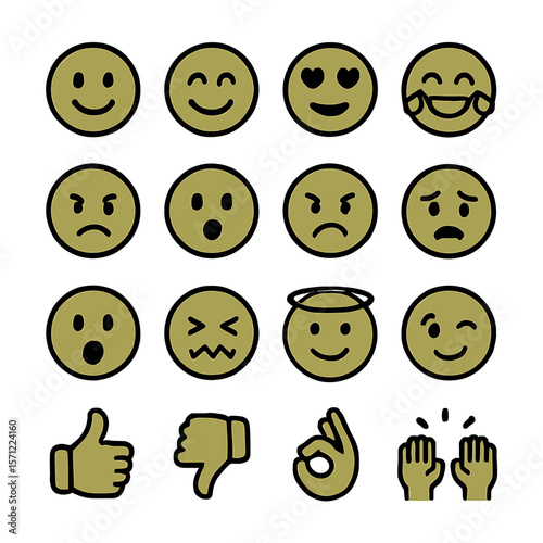 Collection of Diverse Emoji Faces and Hand Gestures in a Neutral Olive Tone