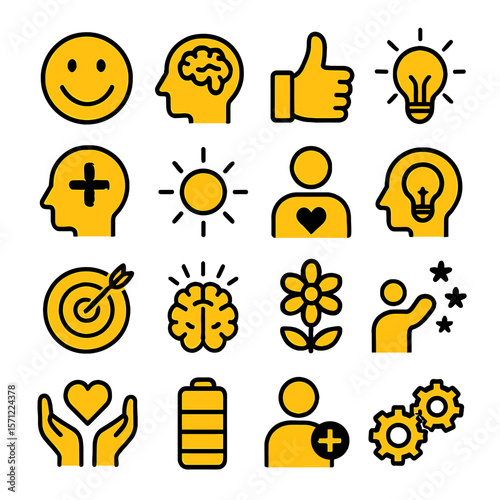 Collection of Motivational and Positive Empowerment Icons in Vibrant Yellow